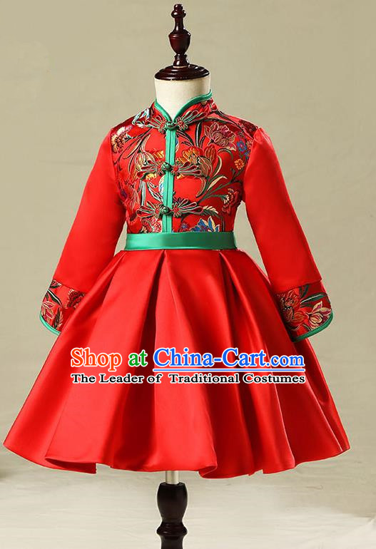Children Model Show Dance Costume China Red Embroidered Cheongsam, Ceremonial Occasions Catwalks Princess Full Dress for Girls