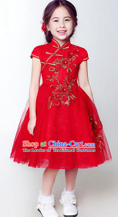 Children Model Show Dance Costume Red Beading Cheongsam, Ceremonial Occasions Catwalks Princess Full Dress for Girls