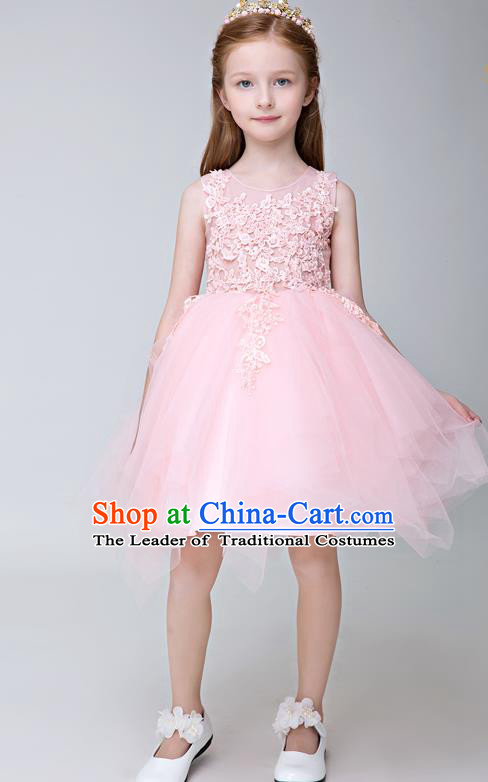 Children Model Show Ballet Dance Costume Pink Lace Veil Dress, Ceremonial Occasions Catwalks Princess Full Dress for Girls