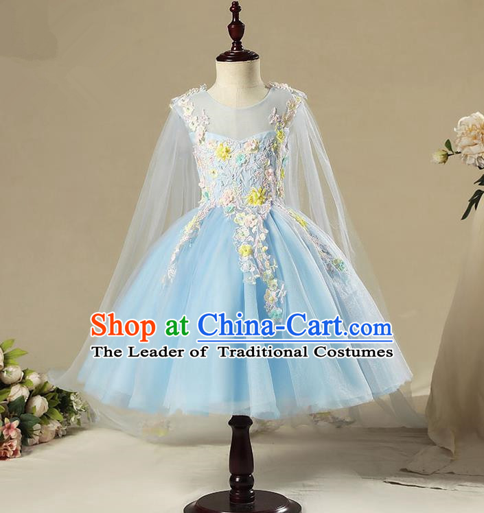 Children Model Show Dance Costume Blue Veil Bubble Full Dress, Ceremonial Occasions Catwalks Princess Dress for Girls