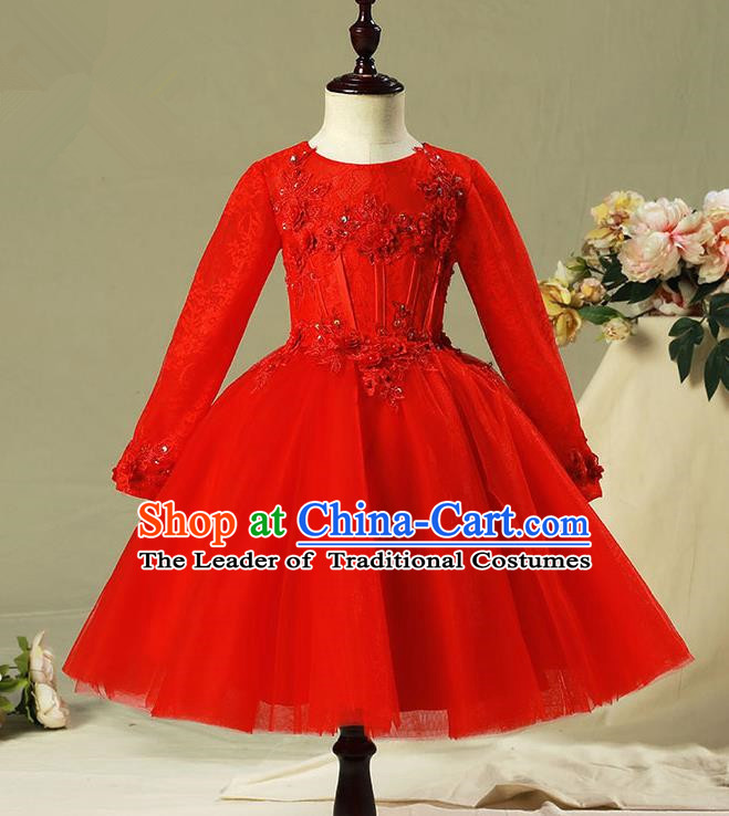 Children Model Show Dance Costume Red Veil Bubble Full Dress, Ceremonial Occasions Catwalks Princess Dress for Girls