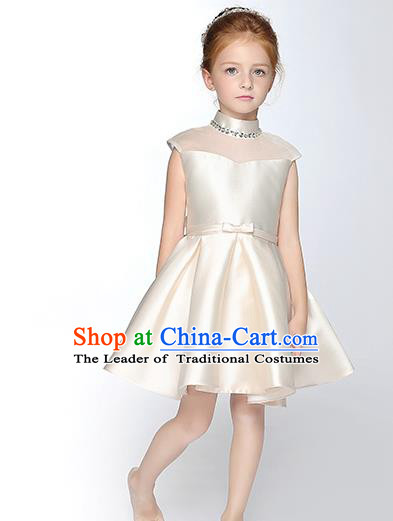 Children Model Show Dance Costume Crystal Beige Satin Full Dress, Ceremonial Occasions Catwalks Princess Dress for Girls