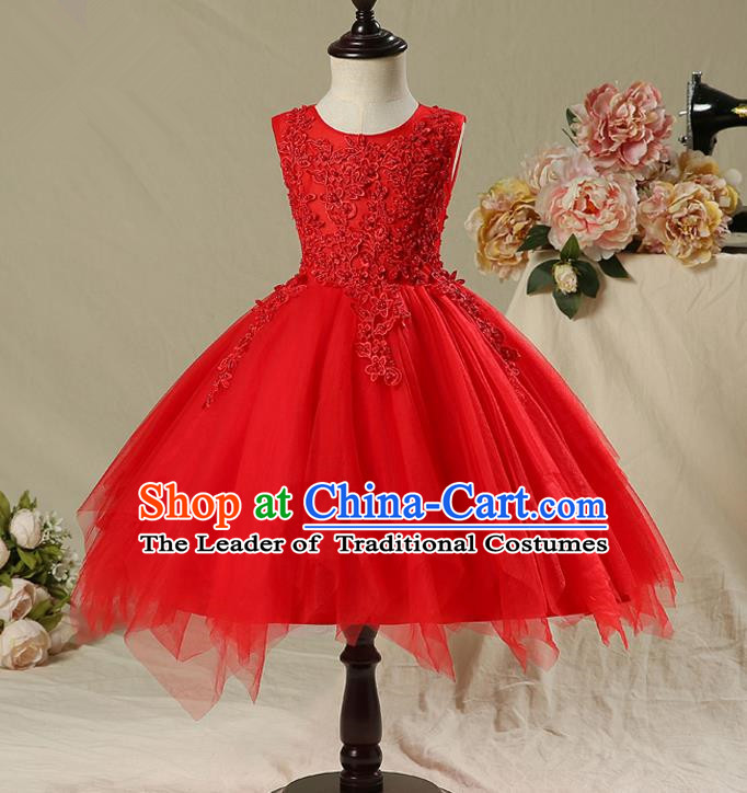 Children Model Show Dance Costume Red Veil Full Dress, Ceremonial Occasions Catwalks Princess Bubble Dress for Girls