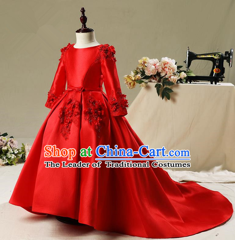Children Model Show Dance Costume Embroidery Red Trailing Full Dress, Ceremonial Occasions Catwalks Princess Dress for Girls