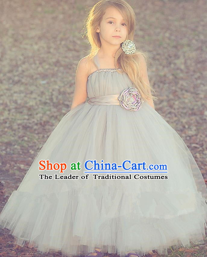 Children Model Show Dance Costume Grey Veil Full Dress, Ceremonial Occasions Catwalks Princess Dress for Girls
