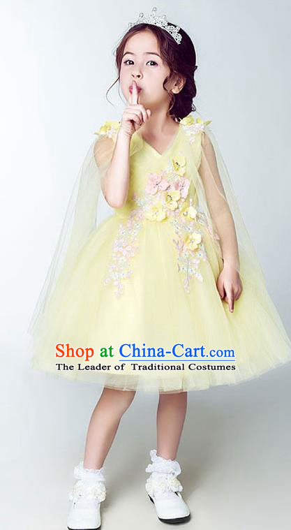 Children Model Show Dance Costume Yellow Short Full Dress, Ceremonial Occasions Catwalks Princess Embroidery Dress for Girls
