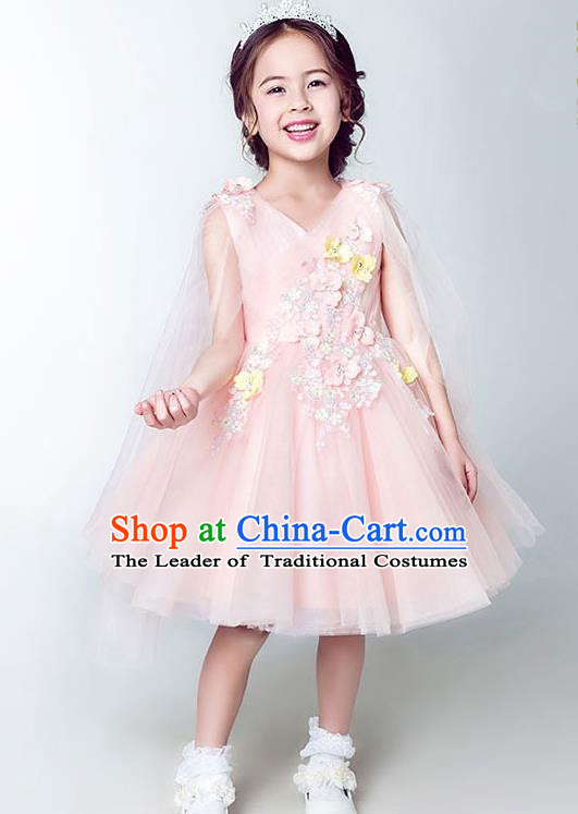 Children Model Show Dance Costume Pink Short Full Dress, Ceremonial Occasions Catwalks Princess Embroidery Dress for Girls