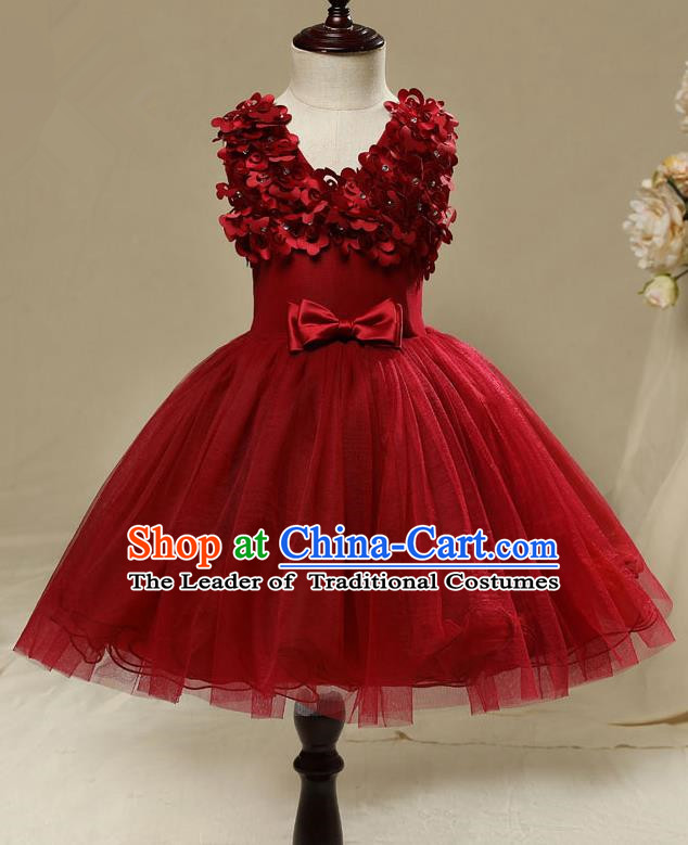 Children Model Show Dance Costume Red Short Full Dress, Ceremonial Occasions Catwalks Princess Embroidery Dress for Girls