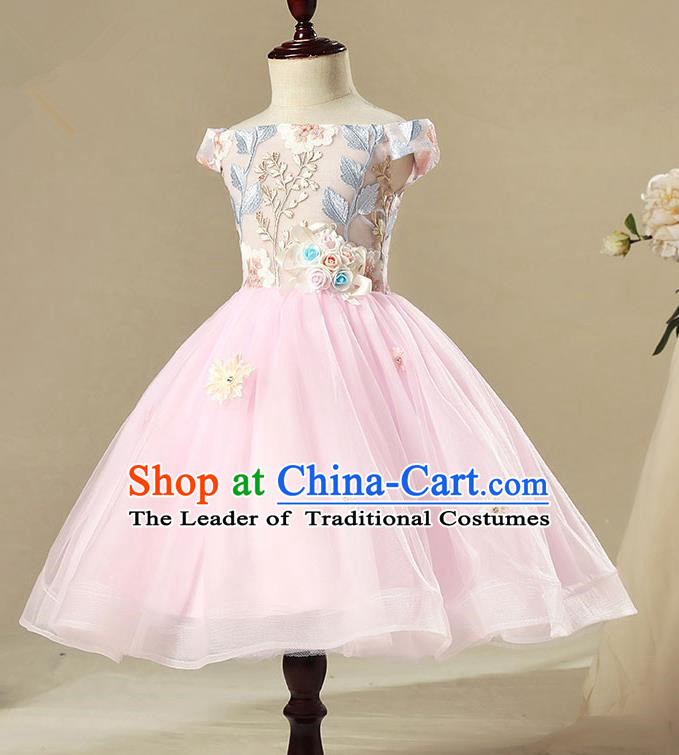 Children Model Show Dance Costume Pink Short Full Dress, Ceremonial Occasions Catwalks Princess Embroidery Dress for Girls