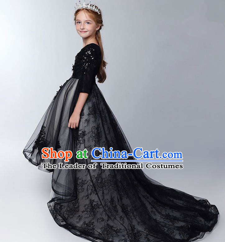 Children Model Show Dance Costume Black Lace Trailing Full Dress, Ceremonial Occasions Catwalks Princess Embroidery Dress for Girls