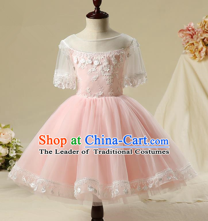 Children Model Show Dance Costume Pink Bubble Full Dress, Ceremonial Occasions Catwalks Princess Embroidery Dress for Girls