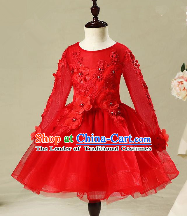 Children Model Dance Costume Compere Red Long Sleeve Bubble Full Dress, Ceremonial Occasions Catwalks Princess Embroidery Dress for Girls