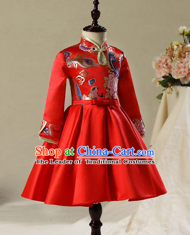 Children Model Dance Costume Compere China Red Satin Cheongsam, Ceremonial Occasions Catwalks Princess Embroidery Dress for Girls