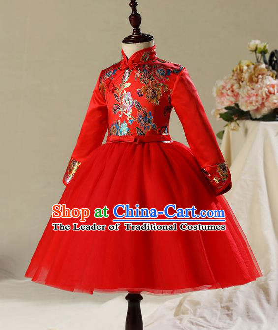Children Model Dance Costume Compere Red Cheongsam Dress, Ceremonial Occasions Catwalks Princess Embroidery Dress for Girls