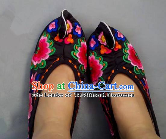 Asian Chinese Shoes Wedding Shoes Handmade Black Embroidered Shoes, Traditional China Princess Shoes Hanfu Become Warped Head Shoe for Women
