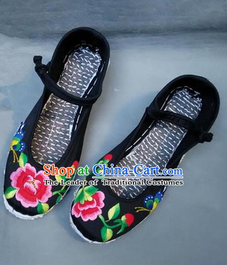 Asian Chinese National Black Embroidered Shoes, Traditional China Princess Handmade Shoes Hanfu Embroidery Peony Shoe for Women