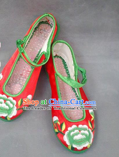 Asian Chinese National Embroidered Red Shoes, Traditional China Princess Handmade Shoes Hanfu Embroidery Wedding Shoe for Women