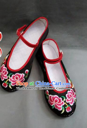 Asian Chinese National Wedding Black Embroidered Shoes, Traditional China Handmade Shoes Hanfu Embroidery Phoenix Peony Shoes for Women