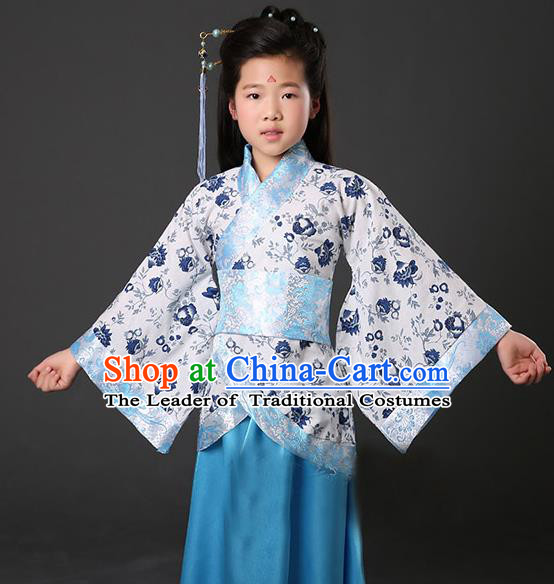 Asian China Ancient Han Dynasty Palace Lady Costume, Traditional Chinese Hanfu Embroidered Blue Curve Bottom Clothing for Kids