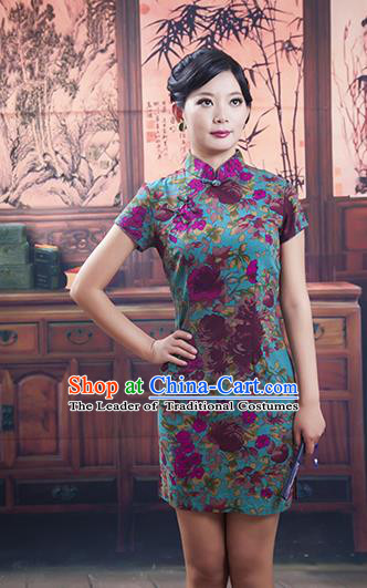 Traditional Ancient Chinese Republic of China Cheongsam, Asian Chinese Chirpaur Short Green Qipao Dress Clothing for Women