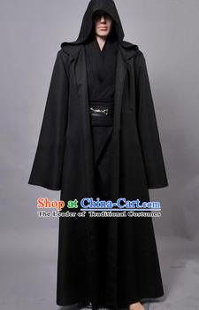 Asian China Ancient Han Dynasty Swordsman Costume, Traditional Chinese Kawaler Hanfu Embroidered Black Clothing for Men