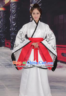 Traditional Ancient Chinese Imperial Consort Costume, Elegant Hanfu Chinese Han Dynasty Imperial Empress White Embroidered Clothing for Women