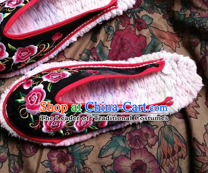 Traditional Chinese National Embroidered Shoes Handmade Black Satin Slippers, China Hanfu Embroidery Flowers Shoes for Women