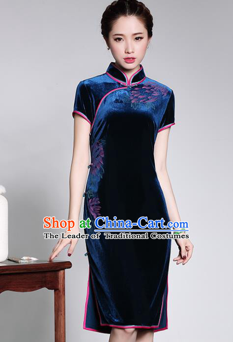 Traditional Chinese National Costume Elegant Hanfu Royalblue Velvet Cheongsam, China Tang Suit Plated Buttons Chirpaur Dress for Women