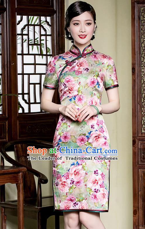 Traditional Chinese National Costume Elegant Hanfu Mulberry Silk Cheongsam, China Tang Suit Plated Buttons Chirpaur Dress for Women