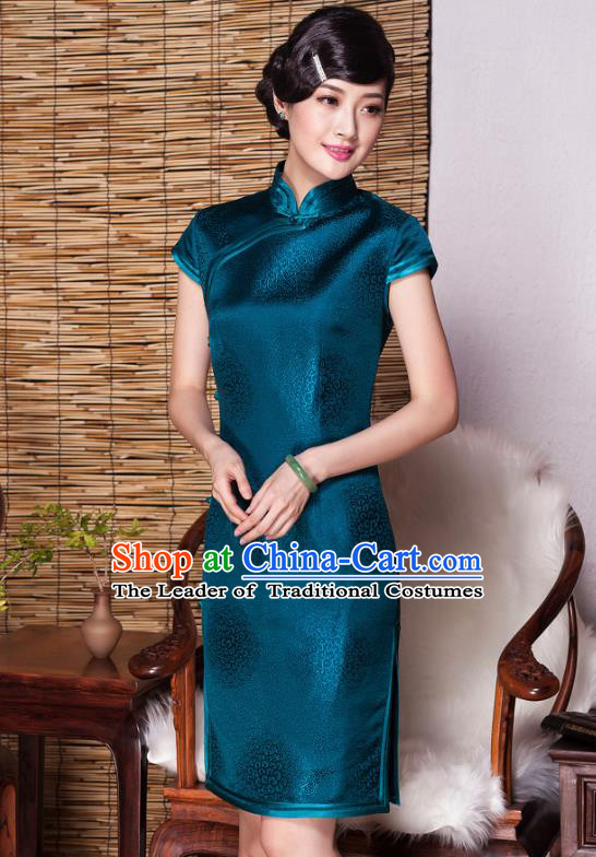 Traditional Chinese National Costume Elegant Hanfu Green Mulberry Silk Cheongsam, China Tang Suit Plated Buttons Chirpaur Dress for Women