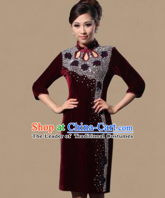 Traditional Chinese National Costume Elegant Hanfu Red Velvet Crystal Cheongsam, China Tang Suit Plated Buttons Chirpaur Dress for Women