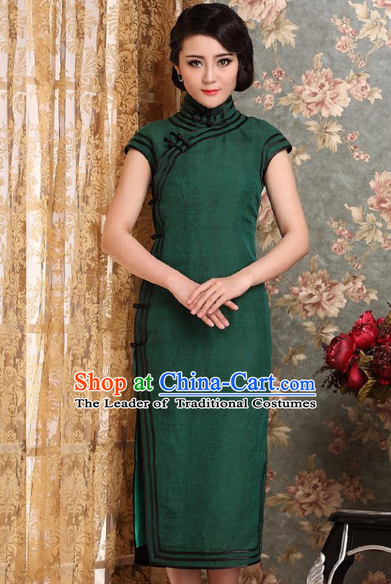 Traditional Chinese National Costume Elegant Hanfu Green Cheongsam, China Tang Suit Plated Buttons Chirpaur Dress for Women