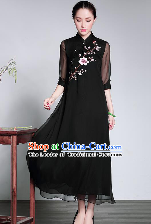 Traditional Chinese National Costume Elegant Hanfu Black Embroidered Cheongsam, China Tang Suit Plated Buttons Chirpaur Dress for Women