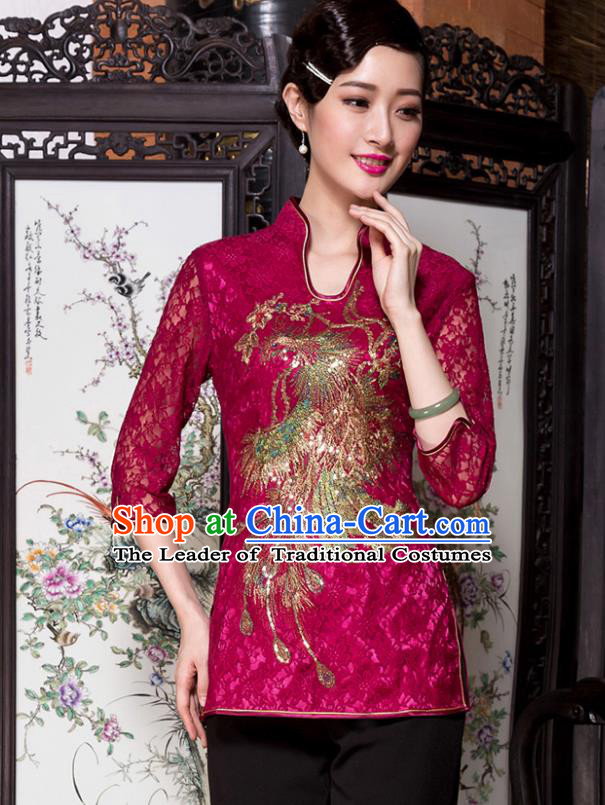 Traditional Chinese National Costume Elegant Hanfu Embroidery Peacock Red Shirt, China Tang Suit Blouse Cheongsam Upper Outer Garment for Women