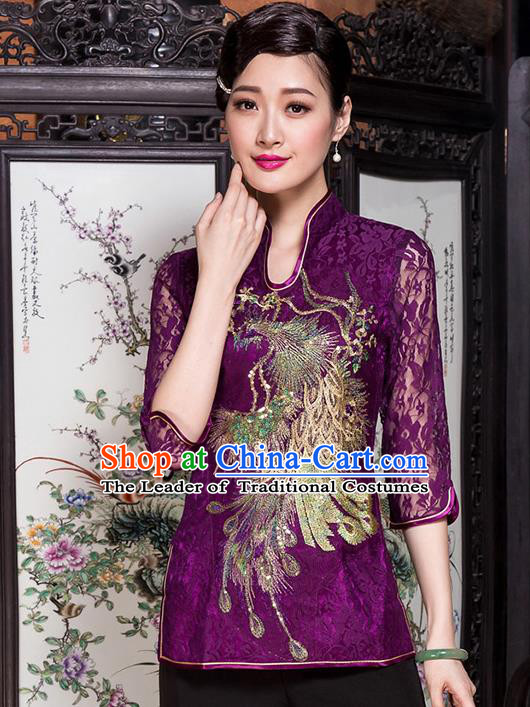 Traditional Chinese National Costume Elegant Hanfu Embroidery Peacock Purple Shirt, China Tang Suit Blouse Cheongsam Upper Outer Garment for Women