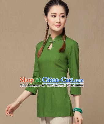 Traditional Chinese National Costume Elegant Hanfu Plated Button Green Linen Shirt, China Tang Suit Slant Opening Upper Outer Garment Cheongsam Blouse for Women