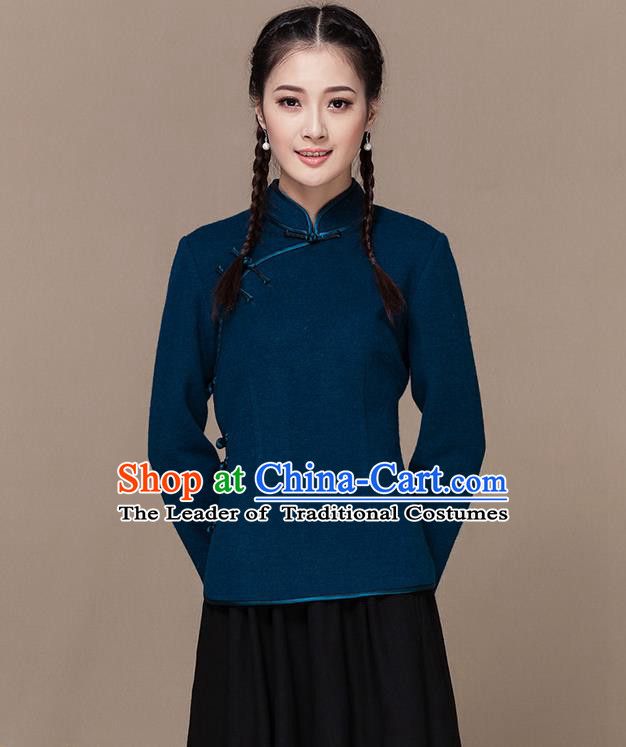 Traditional Chinese National Costume Elegant Hanfu Plated Button Blue Wool Shirt, China Tang Suit Slant Opening Blouse Cheongsam Upper Outer Garment for Women