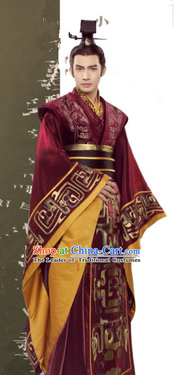 Asian China First Emperor of Qin Dynasty Costume, Traditional Chinese Ancient King Embroidered Clothing for Men