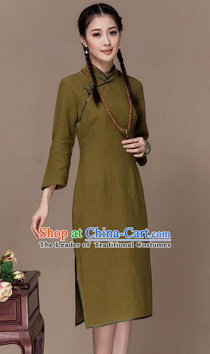 Traditional Chinese National Costume Elegant Hanfu Green Linen Cheongsam, China Tang Suit Plated Buttons Chirpaur Dress for Women