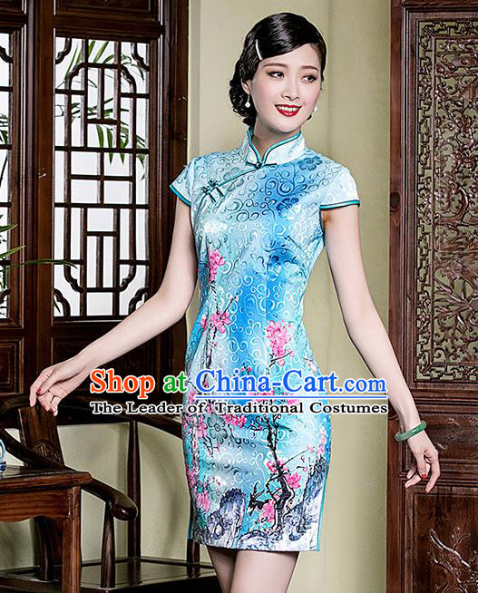 Traditional Chinese National Costume Elegant Hanfu Blue Printing Peach Blossom Cheongsam, China Tang Suit Plated Buttons Qipao Chirpaur Dress for Women