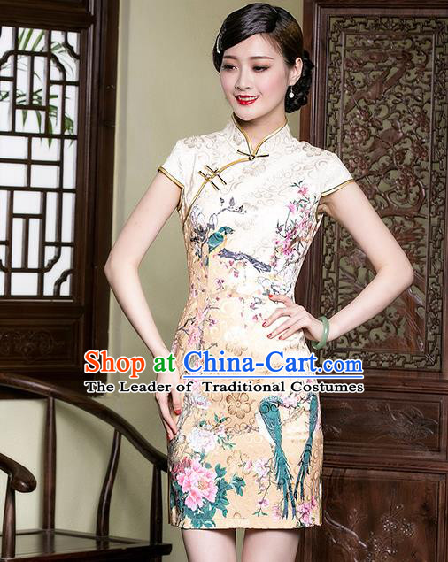Traditional Chinese National Costume Elegant Hanfu Yellow Printing Peony Cheongsam, China Tang Suit Plated Buttons Qipao Chirpaur Dress for Women