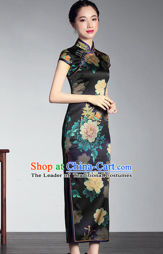 Traditional Chinese National Costume Elegant Hanfu Cheongsam Printing Flowers Black Silk Coat, China Tang Suit Plated Buttons Chirpaur Coat for Women