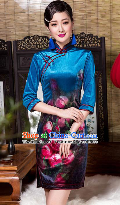 Traditional Chinese National Costume Elegant Hanfu Printing Flowers Blue Velvet Cheongsam, China Tang Suit Plated Buttons Chirpaur Dress for Women