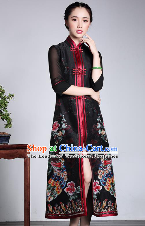 Traditional Chinese National Costume Elegant Hanfu Black Silk Cheongsam Long Coat, China Tang Suit Plated Buttons Chirpaur Dust Coat for Women