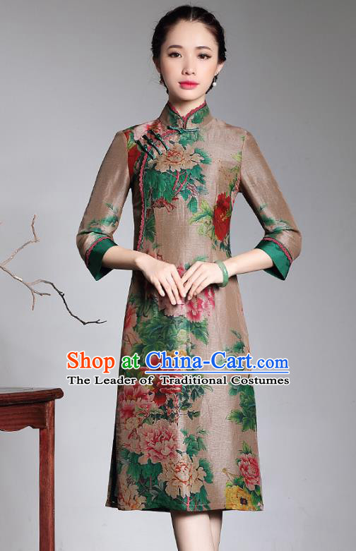 Traditional Chinese National Costume Elegant Hanfu Printing Peony Silk Qipao Dress, China Tang Suit Plated Buttons Cheongsam for Women