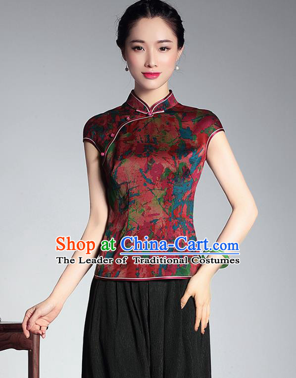 Traditional Chinese National Costume Elegant Hanfu Plated Button Red Silk Shirt, China Tang Suit Upper Outer Garment Cheongsam Blouse for Women