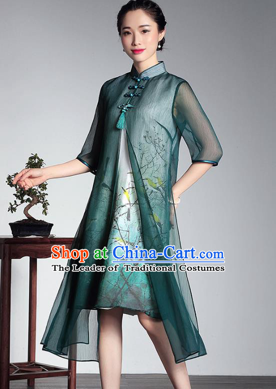 Traditional Chinese National Costume Elegant Hanfu Plated Buttons Qipao, China Tang Suit Green Silk Printing Cheongsam Dress for Women