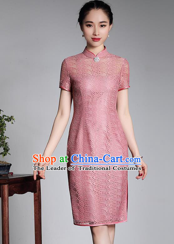 Traditional Chinese National Costume Elegant Hanfu Plated Button Mandarin Qipao, China Tang Suit Pink Lace Cheongsam for Women