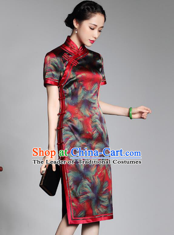Traditional Chinese National Costume Plated Buttons Qipao Red Silk Dress, Top Grade Tang Suit Stand Collar Cheongsam for Women
