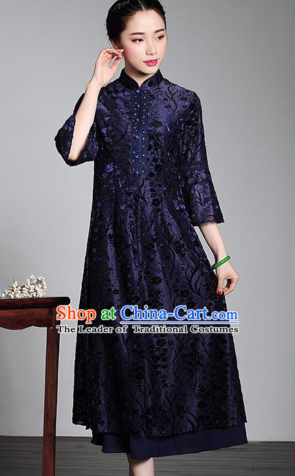 Traditional Chinese National Costume Plated Buttons Qipao Blue Velvet Dress, Top Grade Tang Suit Stand Collar Cheongsam for Women